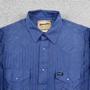 Wrangler Western Shirt Mens Medium Blue Striped Pearl Snap Metallic WM088BL Long